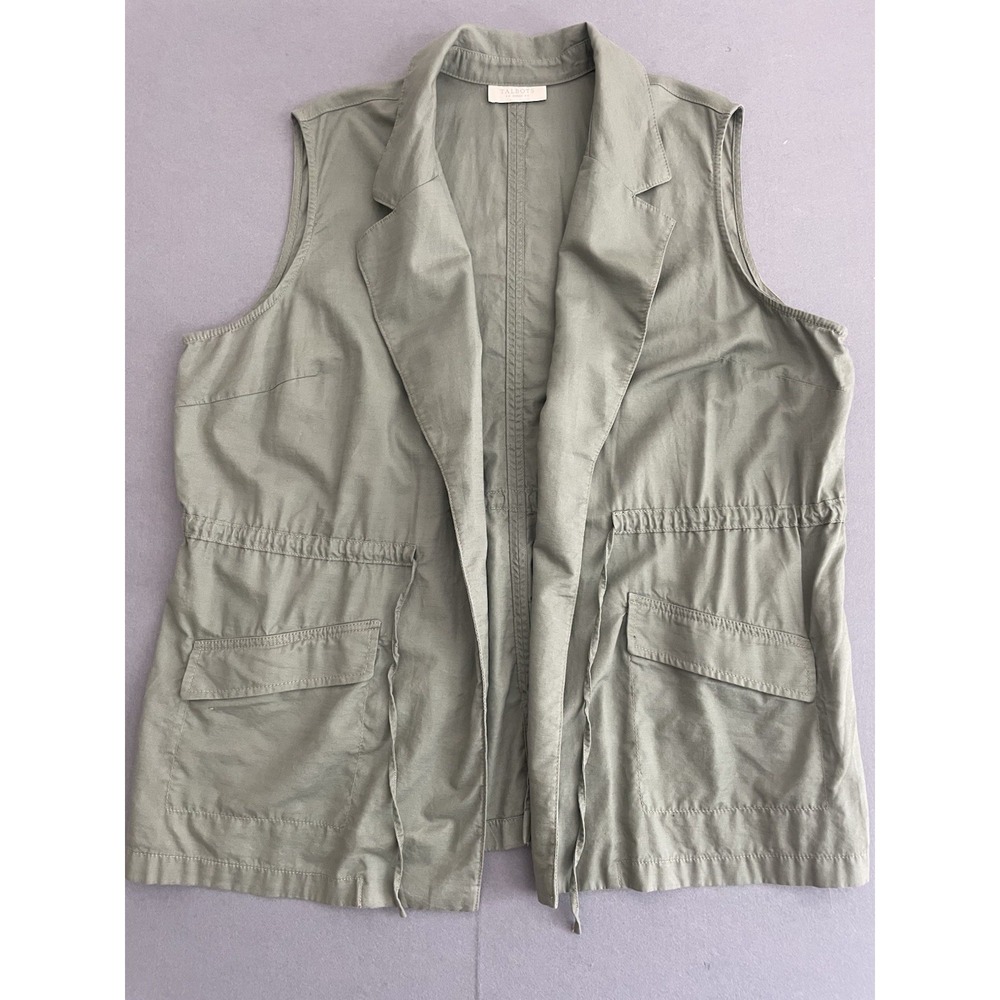 Talbots Women Vest 2X Sage Green Cotton Blend‎ Drawstring Open Fall Layer Pocket